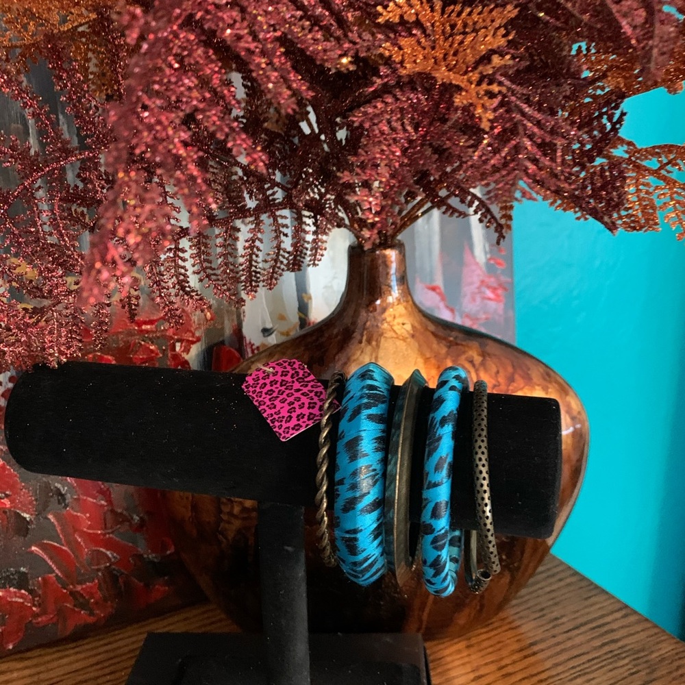 Bangles, 5 turquoise animal print, 3 brass bangles